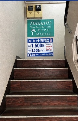 2階への階段・店舗入口案内看板